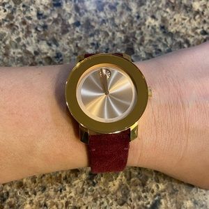Movado Bold Maroon Suede Band with Rose Gold Face.